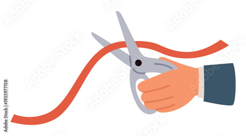 Businessman cuts red ribbon with scissors. Tape dividing. Beginning ceremony stripe cutoff. Separation with clippers. Snip cutting thread at performance. Vector concept of festive opening