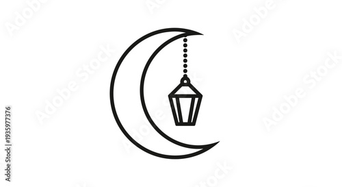 Islamic crescent moon with hanging lantern icon, Ramadan symbol, simple line art