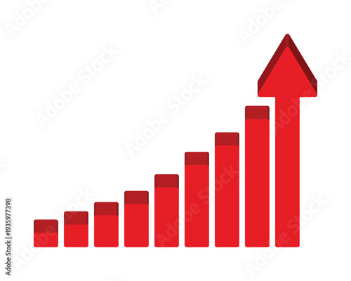 Red 3D Bar Chart with Growing Up Arrow Isolated on White, Business Success and Financial Growth Concept, Sales Increase Graph, Marketing Analytics Progress and Profit Performance Illustration