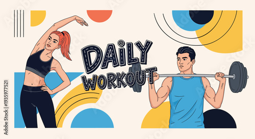 Vector illustration of daily workout with man and woman exercising