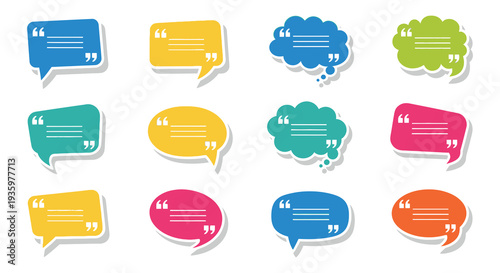 A collection of colorful speech bubbles and thought clouds arranged in a grid displaying communication imagery silhouette high quality professional