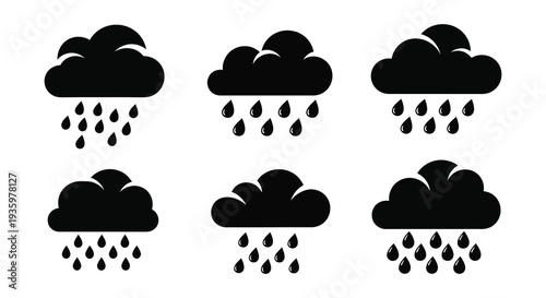 A collection of black cloud silhouettes with falling raindrops depicted in a minimalist and graphical style silhouette high quality professional detailed