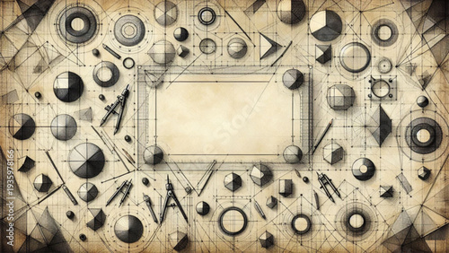 A banner that appears to be a page from an architect's or geometry student's sketchbook. Various geometric shapes—circles, triangles, squares, and hexagons—are drawn with pencil