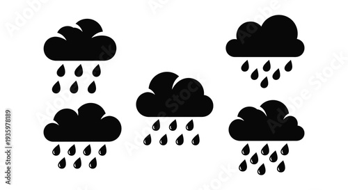 A minimalist depiction of rainy weather featuring several dark cloud shapes with falling raindrops silhouette high quality professional detailed modern elegant