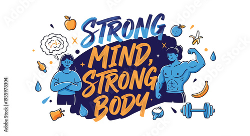 Vector illustration of strong mind and body concept with fitness icons