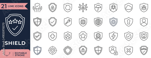 Shield protection and cybersecurity line icon set for safety and security systems
