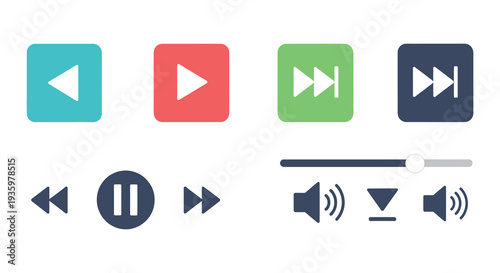 A collection of colorful media player control icons and a volume slider presented as a flat silhouette high quality professional detailed
