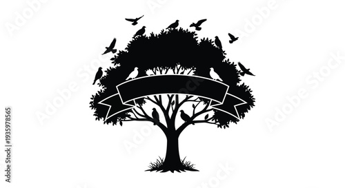 A striking black silhouette of a tree with birds and a ribbon banner creating a peaceful natural scene silhouette high quality