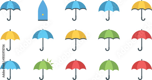 A colorful collection of flat design umbrellas and a boat icon against a white background silhouette high quality professional detailed modern