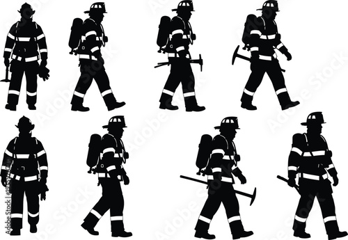 Firefighter silhouettes collection rescue worker with equipment fireman emergency service uniform professional safety hero vector illustration isolated
