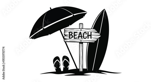 A black silhouette depicts a beach scene with a surfboard umbrella and flip flops evoking summer vibes silhouette high quality professional detailed