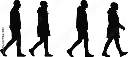 Black silhouettes of men and women walking in winter coats, side view profile set of people in motion, isolated, comma