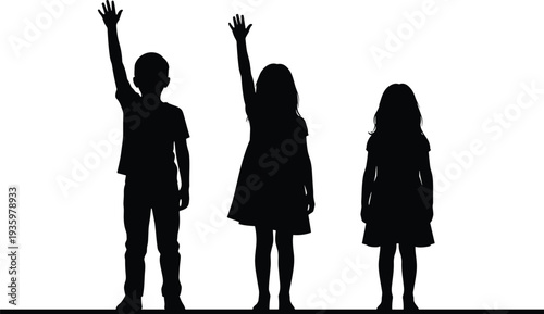 Black silhouettes of three children standing together with two raising hands, school students participating in class isolated on white background