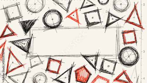 A banner that appears to be a page from an architect's or geometry student's sketchbook. Various geometric shapes—circles, triangles, squares, and hexagons—are drawn with pencil and ink