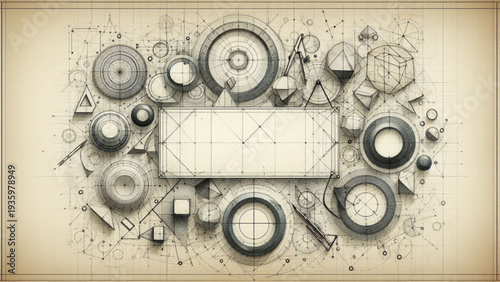 A banner that appears to be a page from an architect's or geometry student's sketchbook. Various geometric shapes—circles, triangles, squares, and hexagons—are drawn with pencil and ink
