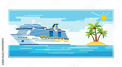 A vibrant illustration depicts a cruise ship sailing near a tropical island under a sunny sky a striking silhouette high quality