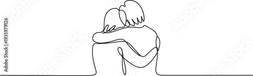 A continuous line draws two people embracing from behind in a comforting hug.