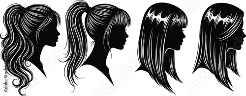 Women hairstyle silhouettes collection with long hair ponytail and straight styles female beauty fashion vector illustration set