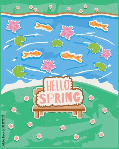 Hello Spring Vector Paper Collage Card – Lake Scene with Bench and Water Lilies