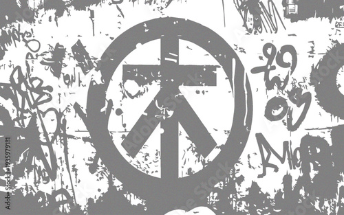 Graffiti Peace Symbol Stencil On Distressed Urban Wall With Grunge Texture And Monochrome Style.