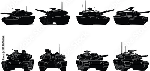 Military tank silhouettes collection armored combat vehicles army weapon defense battlefield vector illustration set isolated on white background
