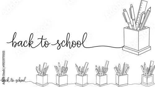 Back to school lettering with pencil holder stationery line art vector illustration education concept banner with pens ruler