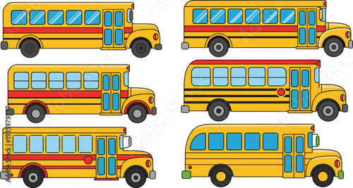 Cartoon yellow school bus vector illustration set, classic American school transportation vehicle icons isolated for education, transport, and kids design