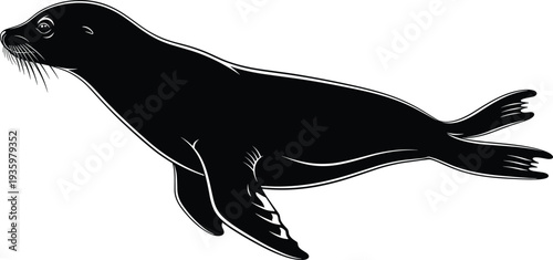 Sea lion silhouette swimming marine animal ocean wildlife illustration aquatic mammal vector design isolated on white background