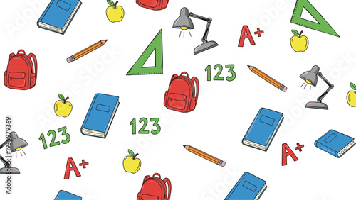 Colorful school pattern with backpack book pencil ruler apple numbers and A plus grade education elements seamless vector illustration