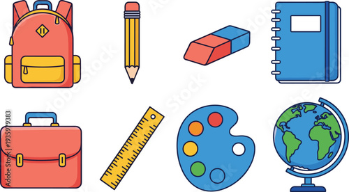 Colorful school supplies icon set including backpack pencil notebook ruler eraser globe and paint palette for education and classroom learning concept