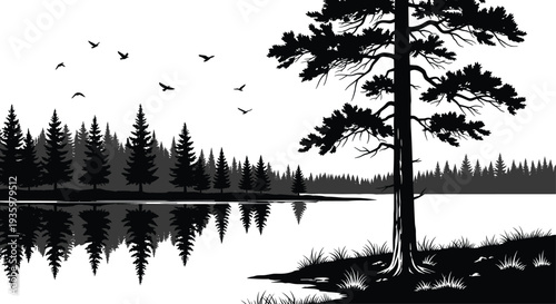 Forest lake landscape silhouette with pine trees reflection birds flying and large tree nature scenery vector illustration design