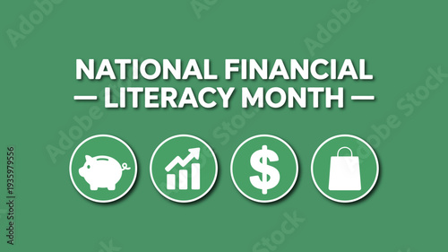National Financial Literacy Month Horizontal Banner with Saving Spending and Value Icons for Personal Finance Education and Wealth Growth