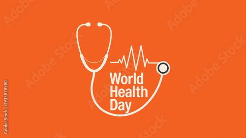 World Health Day Creative Banner with White Stethoscope and Heartbeat Pulse Icon on Vibrant Orange Background for Global Wellness Awareness