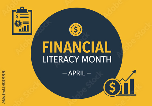 Financial Literacy Month April Banner with Statistics Clipboard and Growth Graph Icons for Business Accounting and Economic Education Theme