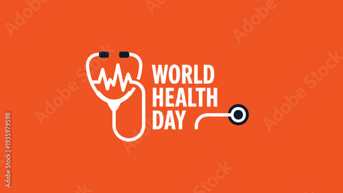 World Health Day Creative Banner with White Stethoscope and Heartbeat Pulse Icon on Vibrant Orange Background for Global Wellness Awareness
