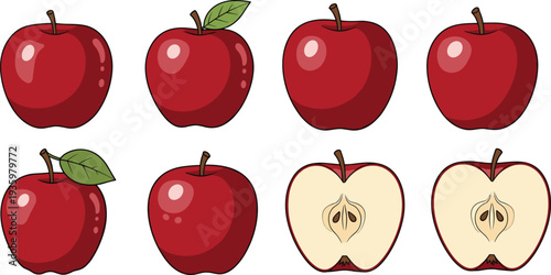 Red apple fruit icon set including whole apples and sliced apple cross section vector illustration isolated on light background