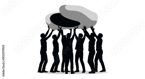A group of black silhouettes of people working together to hold up a large brain-shaped object in a teamwork illustration with a white background.