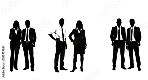 Black silhouette illustration of business professionals standing in various poses, conveying teamwork and collaboration in a modern office setting with a minimalist white background.