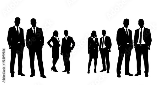 Black silhouette illustration of business professionals standing in a group, conveying teamwork and collaboration on a white background.