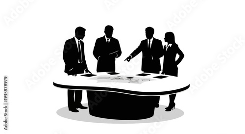 Black silhouette illustration of businesspeople in a meeting around a table, conveying teamwork and collaboration in an office setting with a simple design.