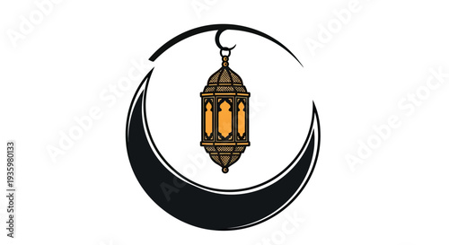 Ramadan lantern hanging on a crescent moon, Islamic symbol, Muslim holiday celebration