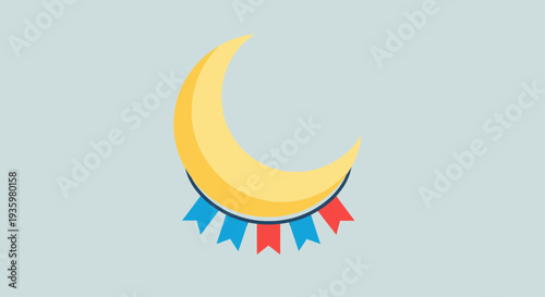 Crescent Moon with Festive Bunting Flags on a Light Blue Background