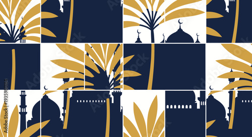 Islamic Mosque Silhouette with Palm Leaves Pattern, Blue and Gold
