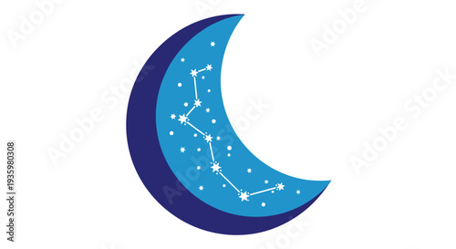 Crescent Moon with Constellation and Stars on Blue Background