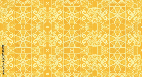 Seamless Yellow Geometric Pattern with Floral Motifs - Ornate Background
