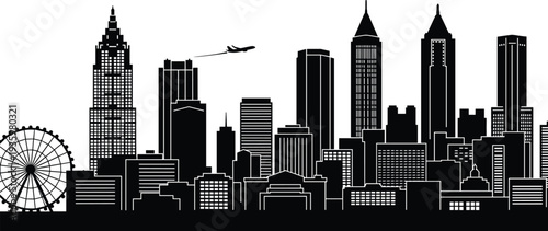 Modern city skyline silhouette with skyscrapers ferris wheel and airplane, urban downtown architecture panorama vector illustration isolated design