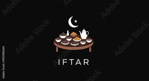 Iftar meal table with crescent moon and star on black background