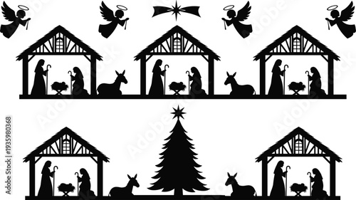 Christmas nativity scene silhouette set with Mary Joseph baby Jesus angels star manger donkey and Christmas tree religious illustration