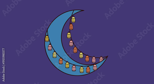 Ramadan crescent moon with festive lanterns against a dark purple background