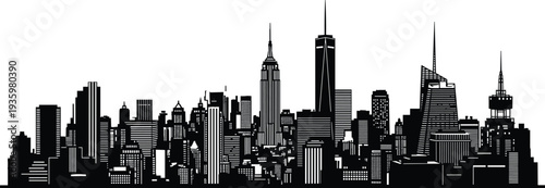 Modern city skyline silhouette with skyscrapers and urban buildings panorama, metropolitan downtown architecture vector illustration isolated on white background